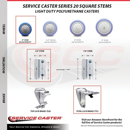 Service Caster 3 Inch Blue Poly Swivel 3/4 Inch Square Stem Caster Total Lock Brakes SCC, 2PK SCC-SQTTL20S314-PPUB-BLUE-34-2-S-2